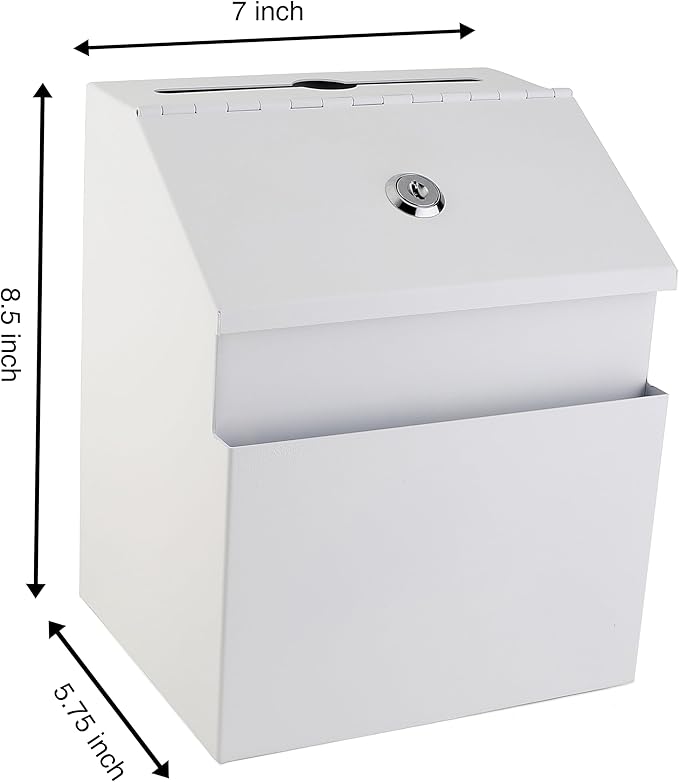 Suggestion Box with Lock and keys, Metal Wall Mounted Ballot Box, Iron steel Donation and Collection Drop Box 8.5" H x 6" W x 7" L with wide 5.5" Slot and front sheet holder (White)