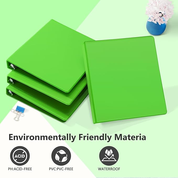 ViVin Sturdy 1 Inch D Ring Binders, 3 Ring Binders with 2 Pockets, Hold 225 Sheets of US Letter Size Paper for Office,Home,School, 6 Pack (Ivy Green)