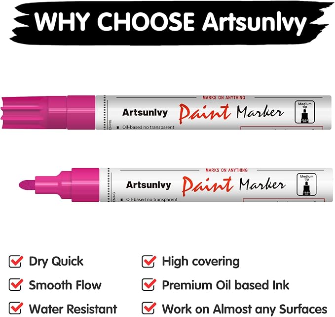 Pink Paint Pens Permanent Markers - 2 Pack Paint Markers for Metal, Rubber,Wood, Rocks, Canvas, Plastic, Dark Surface, Craft Art Supplies, Medium Tip, Quick Dry, Waterproof