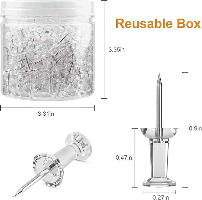 400Pcs Push Pins, Clear Thumb Tacks for Bulletin Board, Stick Pins Thumb Tacks for Cork Board Wall Hangings, Office Push Pins Steel Point and Clear Plastic Head
