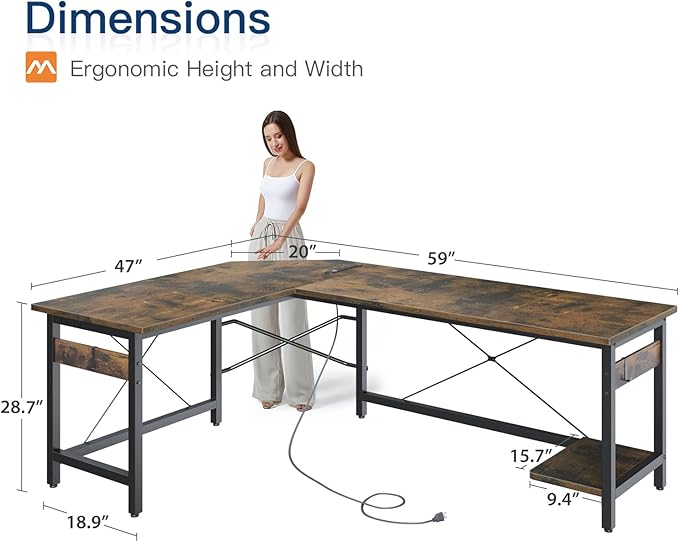 Coleshome 59" L Shaped Gaming Desk with Outlet, L Shaped Desk with CPU Stand, Corner Computer Desk, Home Office Desk, Writing Desk, Vintage