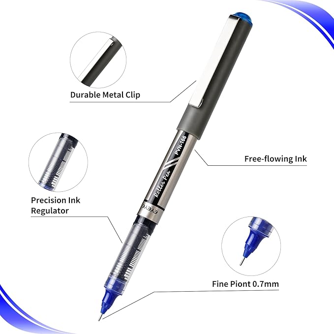 EYEYE Blue Pens Needle Tip 12 Pack Rollerball Pen 0.7mm Medium Point Quick Dry, Liquid Ink Pens Fine Point Smooth Writing Pen for Journaling, Note Taking, Office, School Supplies