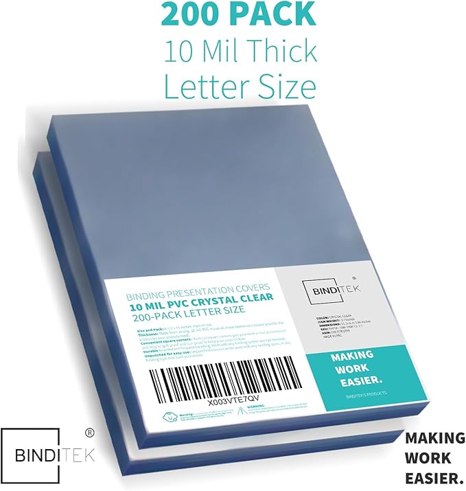 Binditek 200 Pack 10 Mil PVC Binding Report Covers, 8.5 x 11 Inches, Letter Size, Square Corners, Un-Punched, Office Supplies