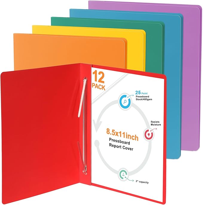 gisgfim 12 Pcs 8.5 X 11'' Pressboard Report Cover 3" Capacity Prong Clip Report Cover Metal Prong Fastener with Compressor Letter Size Presentation Report Folder for Bind Proposal Document