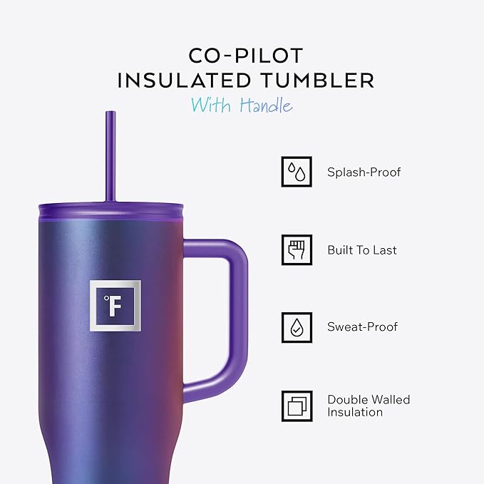 IRON °FLASK Co-Pilot Insulated Mug w/Straw & Flip Cap Lids - Cup Holder Bottle for Hot, Cold Drink - Leak-Proof - Water, Coffee Portable Travel Mug - Aurora, 40 Oz