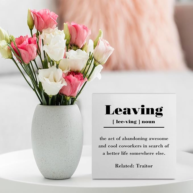 Funny Leaving Definition Office Supplies Rustic Desk Decor White Wooden Box Sign Farewell Gifts for Coworkers Farmhouse Wood Plaque Goodbye Retirement Gifts Cubicle Accessories Home Shelf Decorations