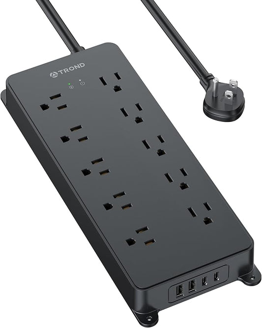 TROND Power Strip Surge Protector, 4000J, ETL Listed, 10 Widely Spaced Outlets with 2 USB A and 2 USB C, Flat Plug 5ft Extension Cord, Wall Mountable, 14AWG Heavy Duty, for Home Office Garage, Black