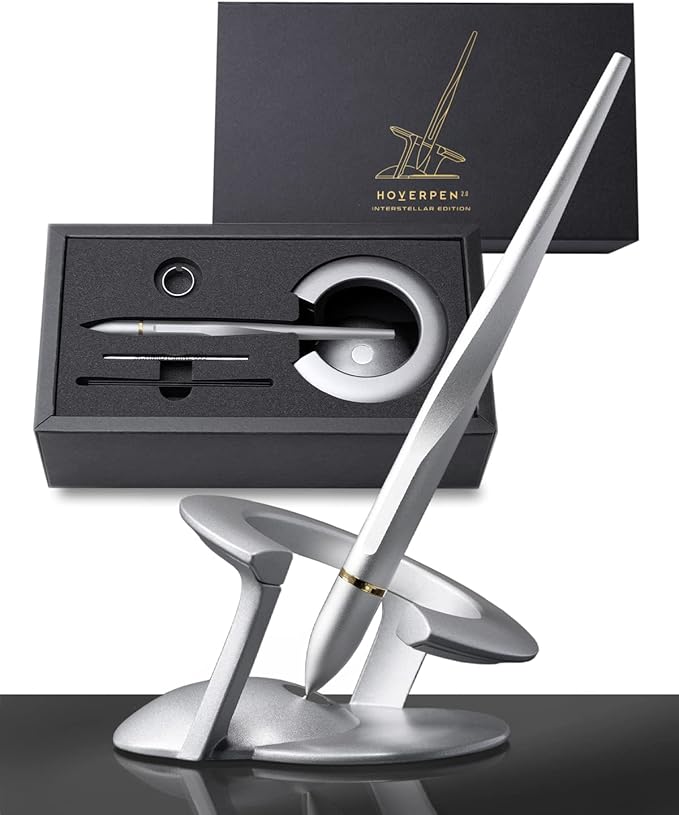 novium Hoverpen Interstellar - Luxury Pen Made With Aerospace Alloys, Unique Aesthetic, Free Spinning Executive Pen, Desk Decor (Starlight Silver, 18K-Gold)