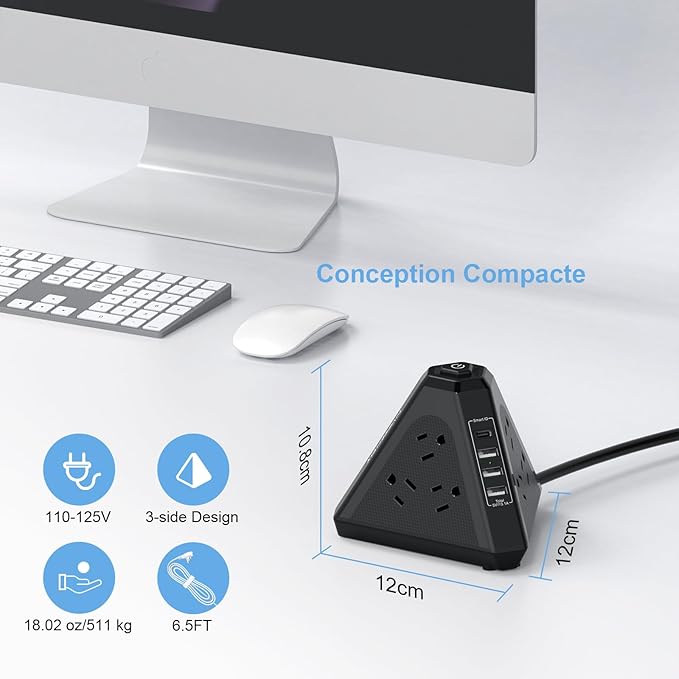 Tower Surge Protector Power Strip, NVEESHOX 9 AC Outlets with 4 USB Ports (1 USB C) 3-Side Triangle Outlets with USB Ports,6.5 Ft,Flat Plug, Charging Station with Surge Protection (Black+6.5 FT)