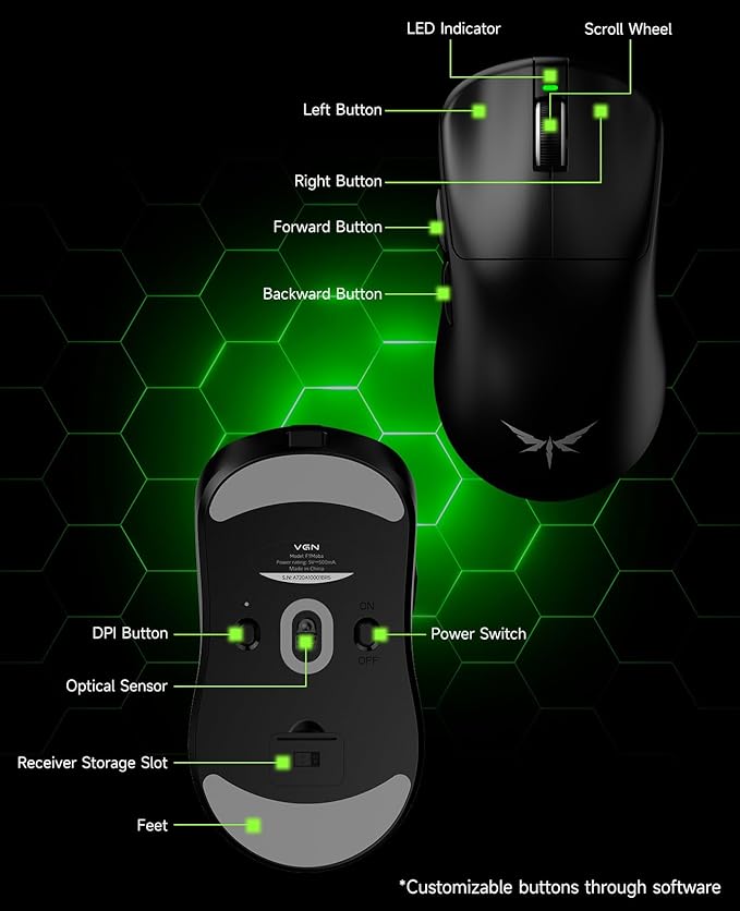 VGN F1 MOBA Wireless Gaming Mouse - Ultralight 55g - Wireless & Wired Mode - 26000 Adjustable DPI - 1000Hz Polling Rate - 200 Hours Battery - Programmable Buttons - Esports Professional Grade - USB-C