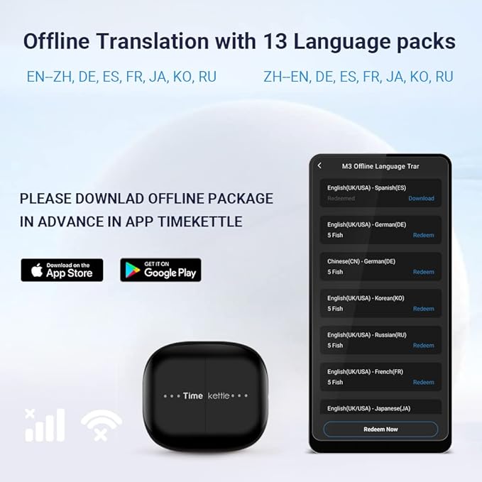 Timekettle M3 Language Translator Earbuds, Two-Way Translator Device with APP for 40 Languages and 13 Offline Translation Packs, Fast Reaction with Revolutionary Al Semantic Tech, Offline Version