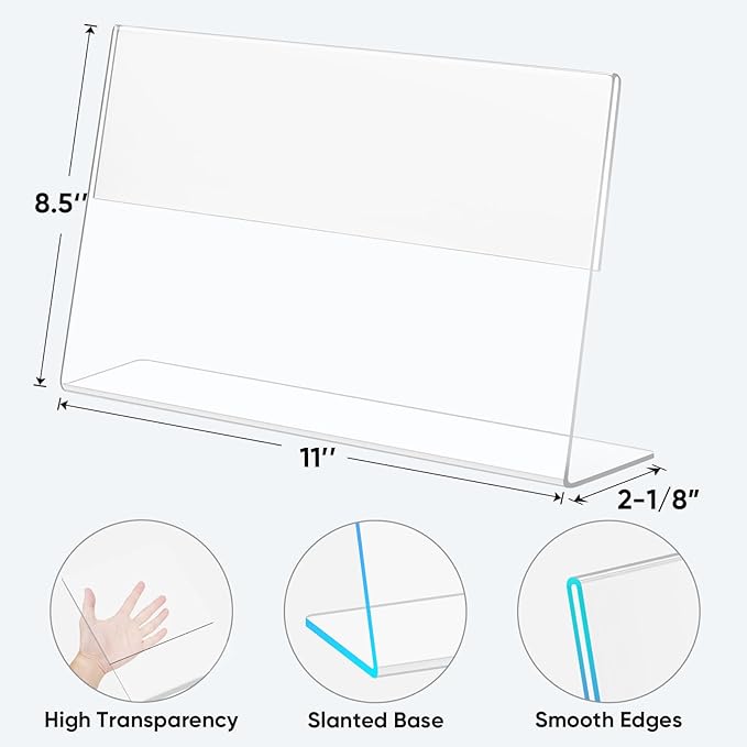 TICONN 11 x 8.5 Acrylic Sign Holder, L Shape Clear Sign Stand for Displaying, Plastic Paper Holder for Office, Store, Restaurant (Horizontal 3 Pack)