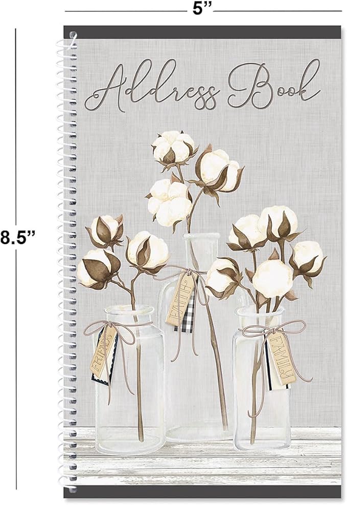 Current Farmhouse Bolls Address Book - 94 Pages; Small 5" x 8-1/2" Size for Purse or Office, Spiral Bound Soft Cover Organizer for Contacts, Addresses, Email, & Phone Numbers + 50 Replacement Stickers