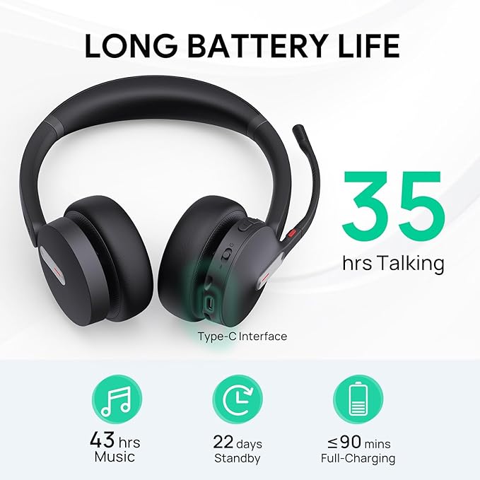 Yealink BH70 Dual Wireless Headset with Mic for Work, Bluetooth Headphone with Teams Certification, up to 35h Talk Time, 147g All-Day Wearing Comfort, Perfect for Open Office Home Hybrid Work