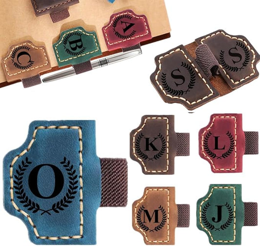 Custom Bookmark with Pen Holder with 26 Letters Personalized Magnetic Leather Book Mark, Customized Name Book Marker Clip with Initial for Men Women, Gifts for Book Lovers, Readers, (Blue, O)
