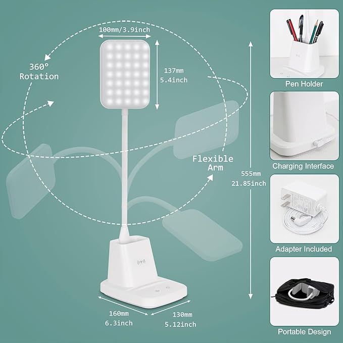 Sailstar Upgraded LED Desk Lamp with Wireless Charger, White Small Desk Light with Pen Holder, 3 Color Modes, CRI 85, 800 Lumen, Study Lamps for College Dorm Room, Home Office, Adapter Included