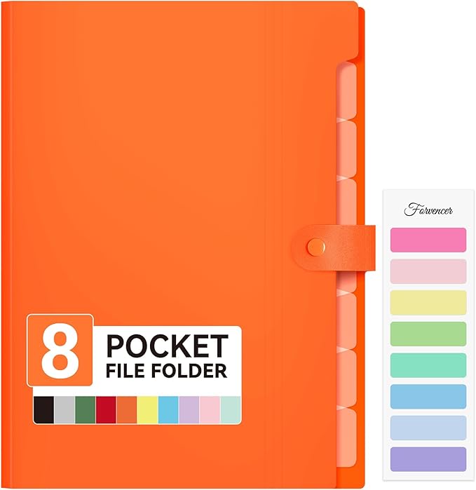 Forvencer Expanding File Folder with 8 Pocket, Letter Size Accordion File Organizer, Portable Folders for Documents, Cute Paper Organizer, Filling Products for School Office Supplies, A4 Size, Orange