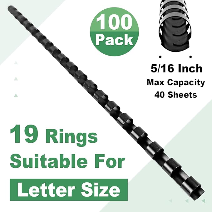 HOUYEE 5/16 Inch Plastic Binding Comb 19 Ring, 40 Sheet Capacity, Letter Size Black Comb Binding Spines (100 Pack)