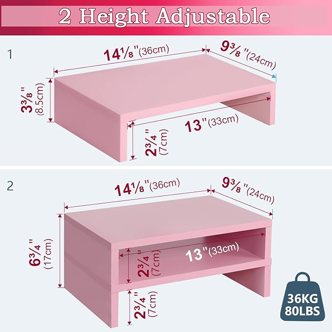 TEAMIX Pink Monitor Stand Riser-2 Pack,Wood 2 Tier Adjustable Monitor Stand Dual Monitor Riser for 2 Monitors/Laptop/PC Computer Stand for Desk