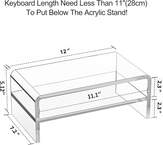 Acrylic Monitor Stand Riser, 2 Tier Clear Computer Monitor Stand for Home Office Business, PC Desk Stand Monitor Riser for Keyboard Storage, Laptop, Printer and TV Screen -12x7.2x5.12 inches