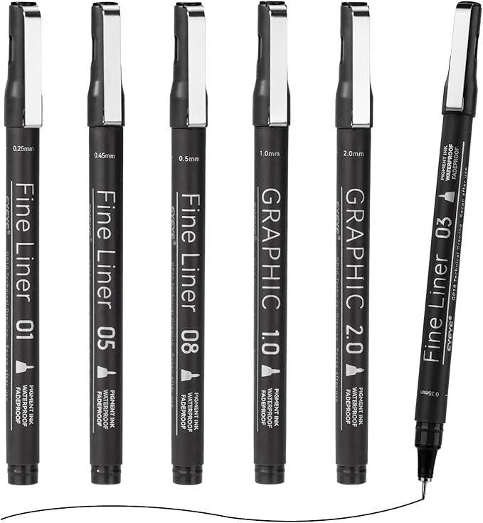 EYEYE Micro Pens, Black Drawing Art Pen,0.25/0.35/0.45/0.5/1.0/2.0mm Archival Pens Waterproof Ink Set Artist Supplies Archival Inking Markers Sketch Outline Pen