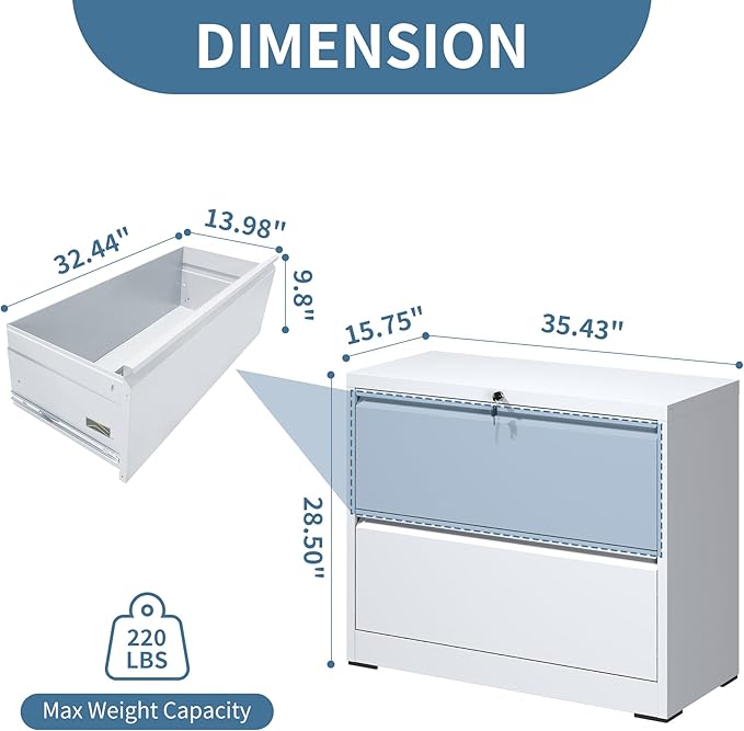 AQY 2 Drawer File Cabinet with Lock,Metal Lateral File Cabinets for Home Office,Steel Wide Filing Organization Storage Cabinets for Hanging Files Letter/Legal/F4/A4 Size Assembly Required(White)