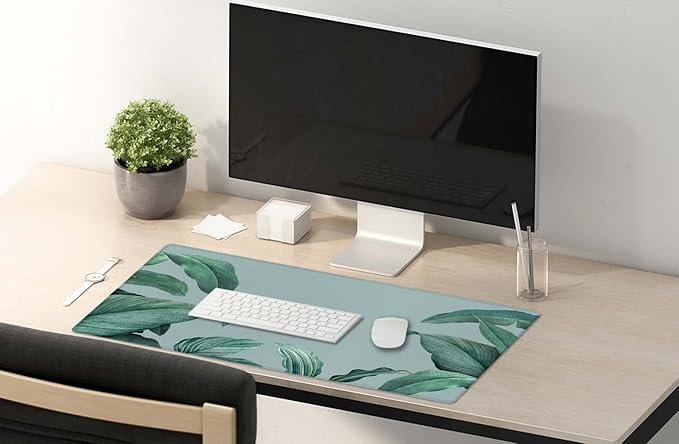 SSOIU Extended Gaming Mouse Pad - Non-Slip Water-Resistant Rubber Base Computer Keyboard Mouse Mat, 35.5 x 15.7-inch XX-Large Desk Mat, Ideal Partner for Work & Game, Foliage Tropical Leaves