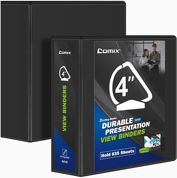 Comix Durable 3 Ring Binder, 4 inch D Ring Binders, Hold 835 Sheets of US Letter Size Paper, 2 Pack (Black)