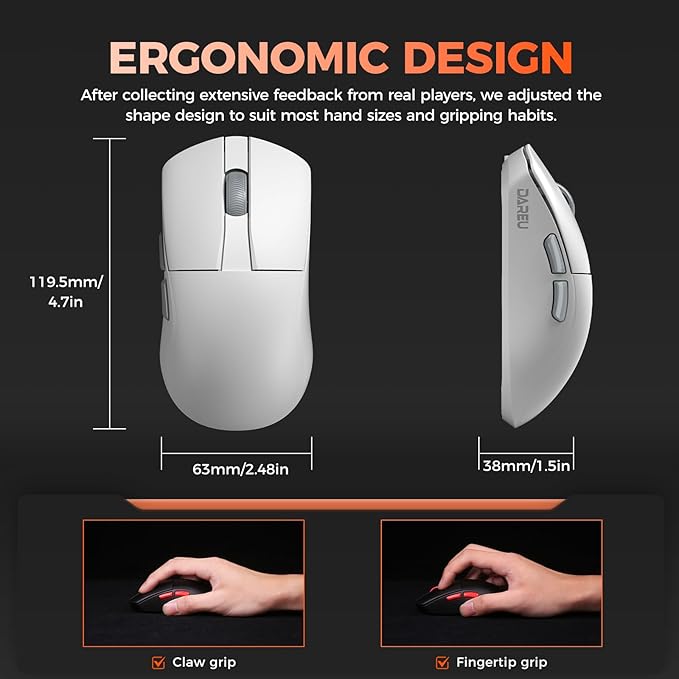 DAREU A950 Wing 8K Lightweight Wireless Gaming Mouse 1.23oz (35g), Custom PAW3950 30K Optical Sensor, Wired/Wireless Dual 8k Polling Rate, Symmetrical, 5 Programmable Buttons,70H Battery