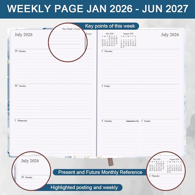 Planner 2026-2027 - 18 Months (Jan 2026 - Jun 2027) Agenda Planner 5.8" x 8.5", 2026-2027 Weekly & Monthly Planners with Hard Cover, Blue Watercolor