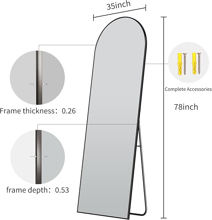 Oversized Full Body Mirror 35x78 inch Arched Full Length Mirror with Stand Aluminum Wall Mounted Hanging or Leaning Standing Mirrors,Black