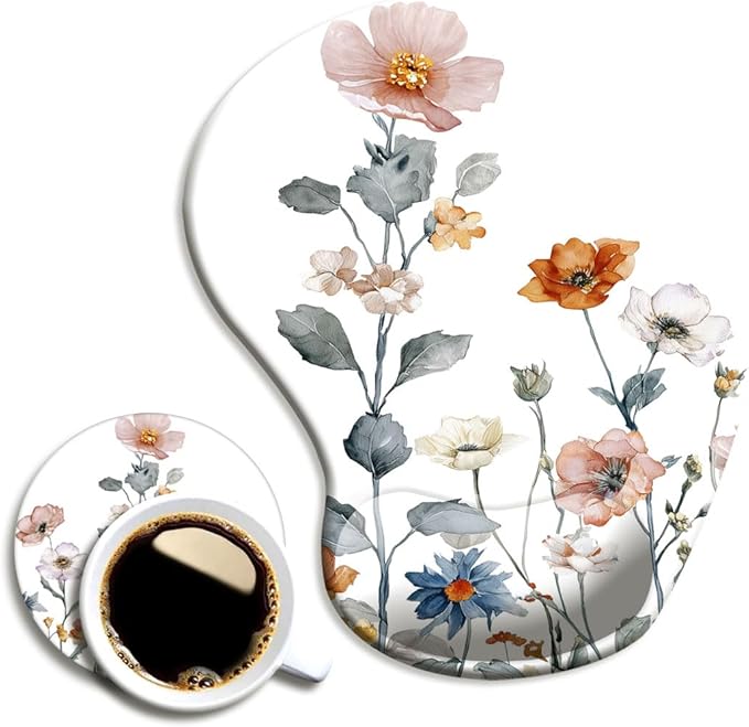 Ergonomic Mouse Pad with Wrist Support,Mouse Pad with Wrist Rest and Coaster Set,Office Supplies Non-Slip Mouse Pads for Desk, Non-Slip Comfortable,Watercolor Floral