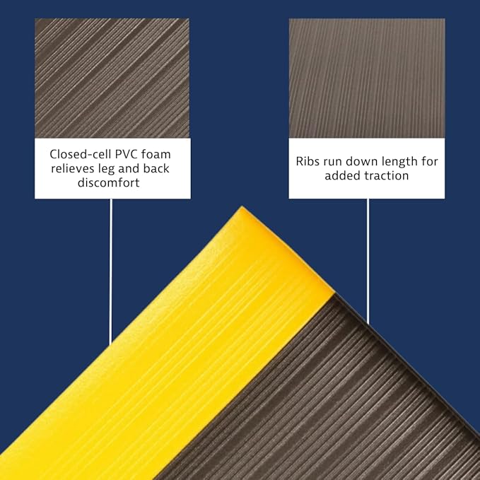 Notrax 410 Airug® 6' x 60' x 3/8" Anti Fatigue Mat, Enhanced Slip Resistance with Beveled Edges and Ribbed Surface, Ideal for Industrial and Commercial Workplaces, Black/Yellow, 410R0372BY