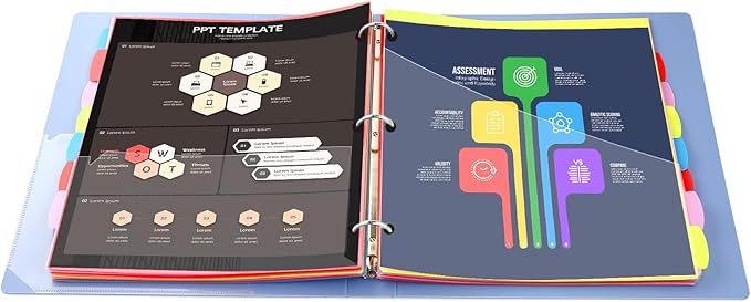 8 Tabs Plastic Dividers with 2 Clear Pockets - 6 Sets, Pocket Dividers for 3-Ring Binders, Multi-Color Binder Dividers, Total 48 Tabs
