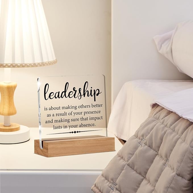 Gifts for Leader Boss Mentor Leadership Quote Clear Desk Decorative Sign Leadership is About Making Others Better Sayings Acrylic Sign With Wooden Stand for Desk Table Shelf