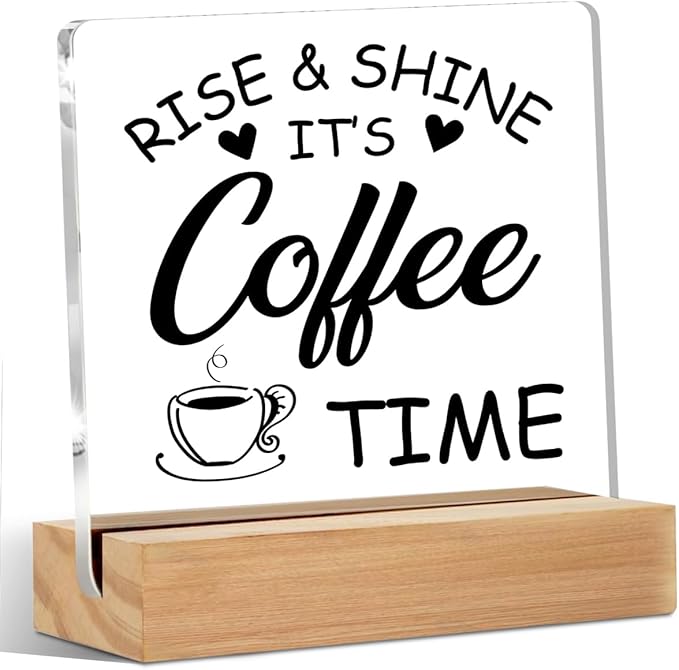 Coffee Bar Decor Acrylic Sign with Wood Stand, Coffee Lover Gifts Coffee Decor Coffee Shop Bedroom Living Room Desk Cubicle Coffee Table Shelf Decor, Coffee Gifts for Coffee Lovers Coffee Sign