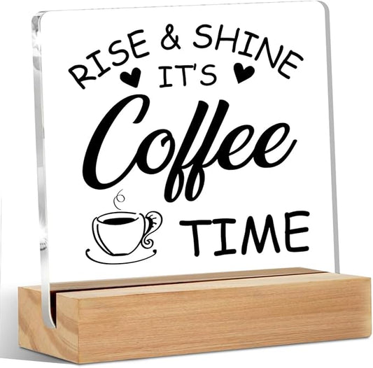 Coffee Bar Decor Acrylic Sign with Wood Stand, Coffee Lover Gifts Coffee Decor Coffee Shop Bedroom Living Room Desk Cubicle Coffee Table Shelf Decor, Coffee Gifts for Coffee Lovers Coffee Sign
