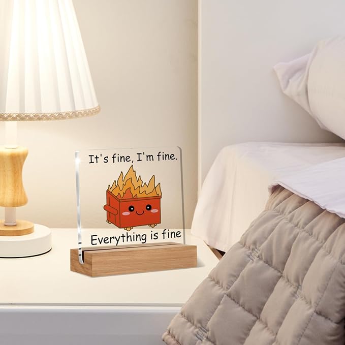 Dumpster Fire Desk Accessories Decor, Funny Office Gifts for Women Men Coworkers, I'm Fine Everything is Fine, Cute Orange Dumpster Desk Signs Plaque