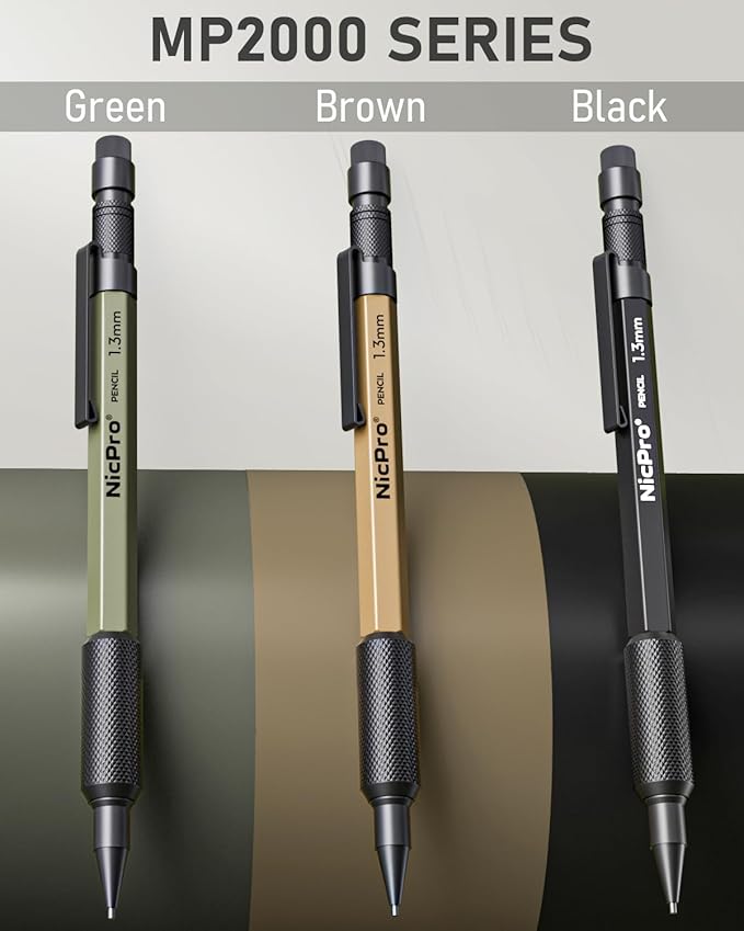 Nicpro 21PCS 1.3 mm Mechanical Pencil Set in Leather Bag with 138 Lead Refill Black & Colors, Erasers- Weatherproof Metal Heavy Duty Carpenter Pencil for Outdoor Drafting Marking Drawing Woodworking