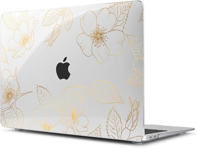 Teryeefi for 2022 2020 MacBook Pro 13 inch Case M2/M1 Chip (Model A2338 A2289 A2251 with Touch Bar), Plastic Hard Shell Case & Keyboard Cover & Screen Protector, Gold Floral Leaf