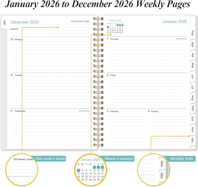 Planner 2026 - A5 Weekly & Monthly Planner Spiral Bound, January 2026 to December 2026, Planners 2026 with Flexible Cover, Tabs, Inner Pocket, 6.4" x 8.5", Teal Flowers
