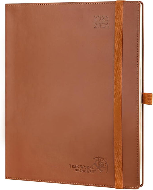 POPRUN Planner 2025-2026 (Large - 8.5'' x 10.5'') Academic Weekly Calendar (July 2025 - June 2026) with Hourly Time Slots, Monthly Tabs, 100GSM Thick Papers, Leather Soft Cover - Brown