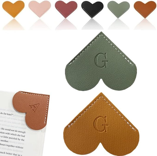 Personalized Leather Heart Bookmark, 26 Letters Customized Corner Book Mark for Reading Women, Book Marker with Initials，Cute Gifts (Green+Light Brown, G)