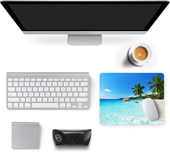 Auhoahsil Mouse Pad, 12 x 10 in Summer Beach Theme Computer Mouse Pad for Desk, Premium-Textured Non-Slip Rubber Stitched Edges Waterproof Square Gaming Mouse Mat for Gaming Work Wireless Mice, Blue