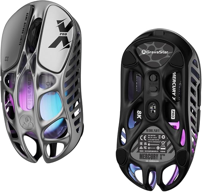 GravaStar Mercury X Pro Wireless Gaming Mouse, Come with 8K Dongle – 32,000 DPI PAW 3950 Sensor, 8,000Hz Polling Rate, Only 49g, Magnesium Alloy Hollow Frame, RGB Lighting, 5 Programmable Buttons