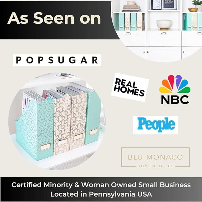 BLU MONACO Set of 4 Foldable Cute Magazine File Holders with Gold Label Holders – 2 Pink & 2 Aqua with Fun Gold Geometric Patterns – Stylish & Durable Magazine Storage for Home & Office