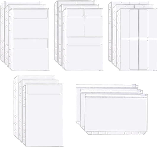 Binder Pockets, 15pcs A5 Size 6 Holes Binder Pockets, [Waterproof PVC Pouch] Premium Clear Binder Zipper Folders Document Filing Bags for 6-Ring Notebook Binder Loose Leaf Bags,-Clear