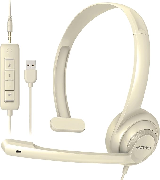 NUBWO HW02 USB Headset with Microphone Noise Cancelling &in-line Control, Ultra Comfort Computer Headset for Laptop pc, On-Ear Wired Office Call Center Headphone for Boom Skype Webinars (Apricot)