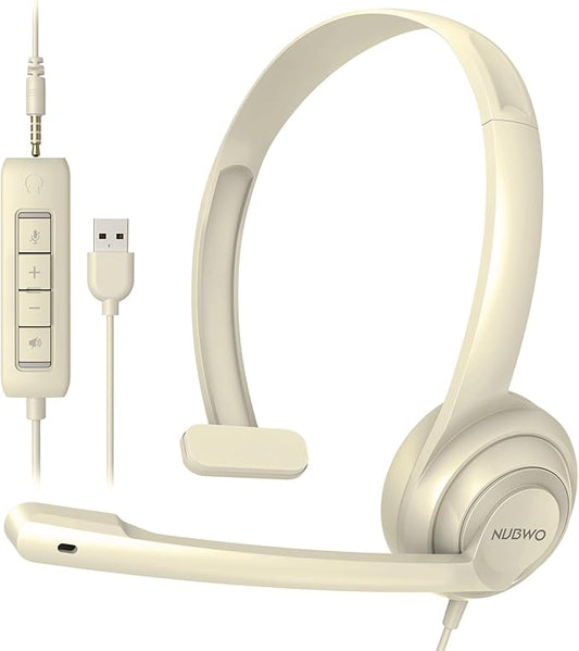 NUBWO HW02 USB Headset with Microphone Noise Cancelling &in-line Control, Ultra Comfort Computer Headset for Laptop pc, On-Ear Wired Office Call Center Headphone for Boom Skype Webinars (Apricot)