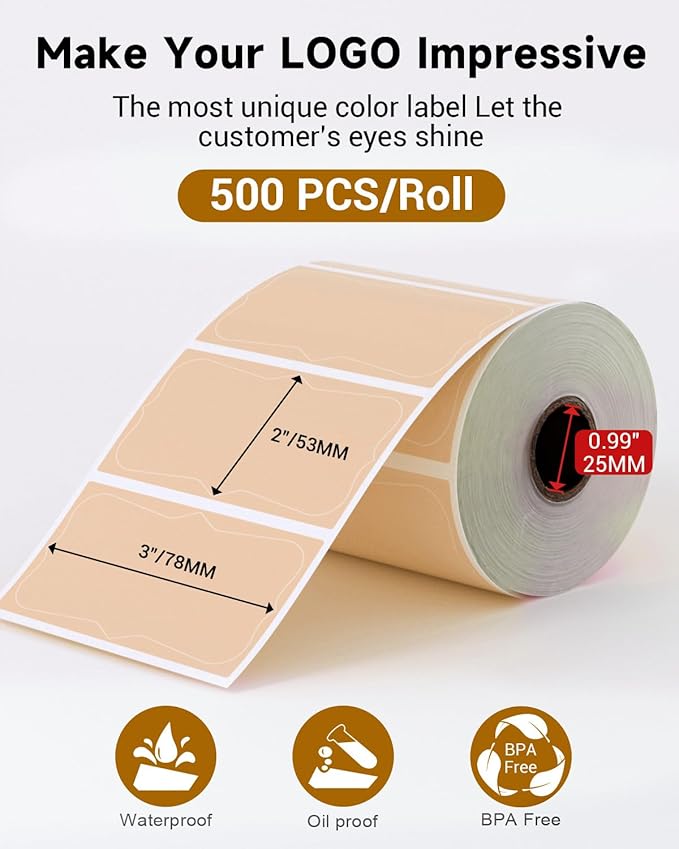 Phomemo Brown Thermal Labels for Shipping Label Printer for Small Business Supplies - 3" x 2" / 500 Brown Labels/Roll, Commercial Grade Round Stickers Roll for Custom Stickers Personalized & Business
